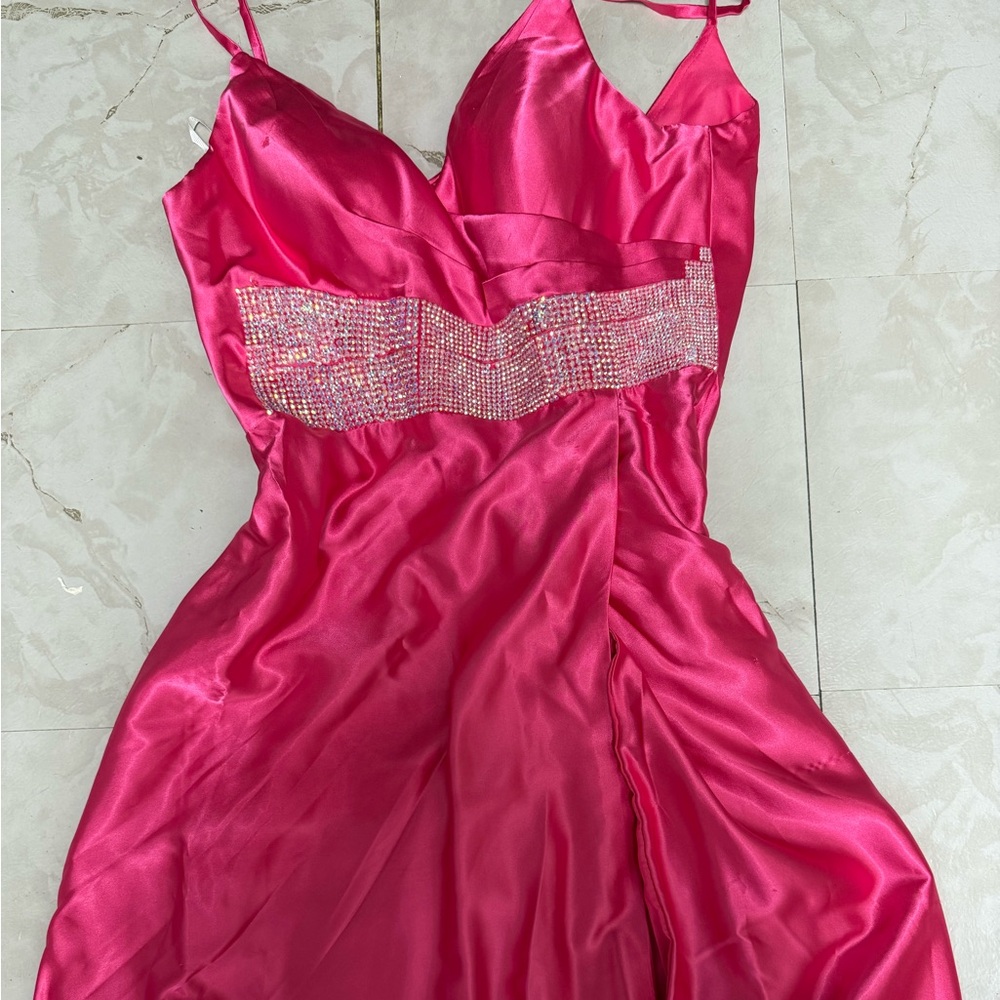 Stunning Pink Satin Dress with Rhinestone Detail